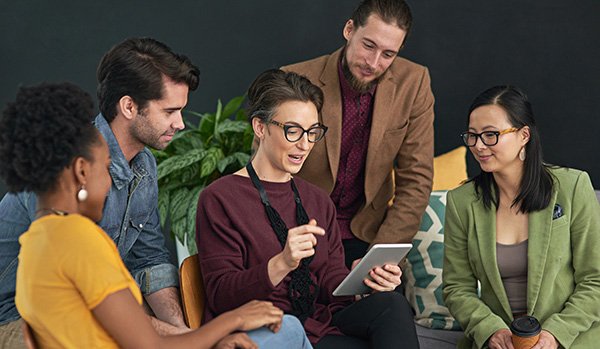 Group training, tablet or business people in office with digital